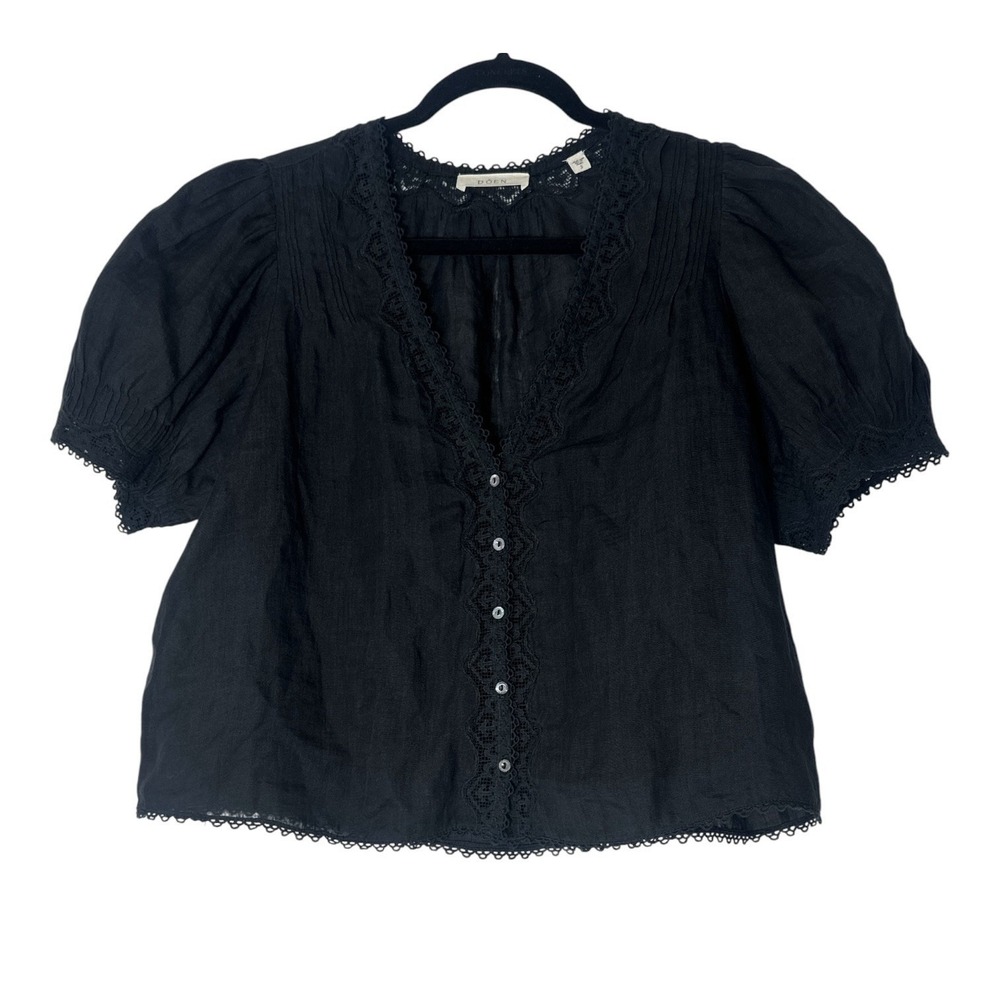DÔEN Brigitta Lace Trim Top Womens Small Black Short Sleeve Ramie Coquette - Picture 3 of 13